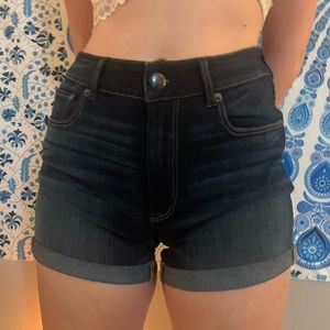 AEO dark blue denim hi-rise midi shorts